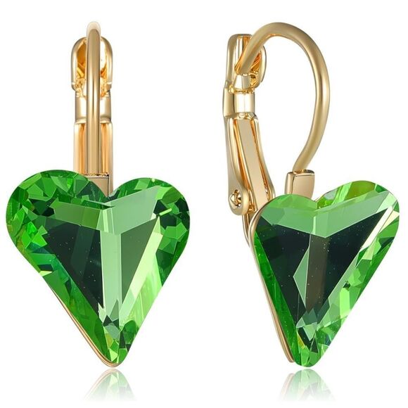 14K Yellow Gold with Peridot Green Austrian Crystal Heart Leverback Earrings - Picture 1 of 5